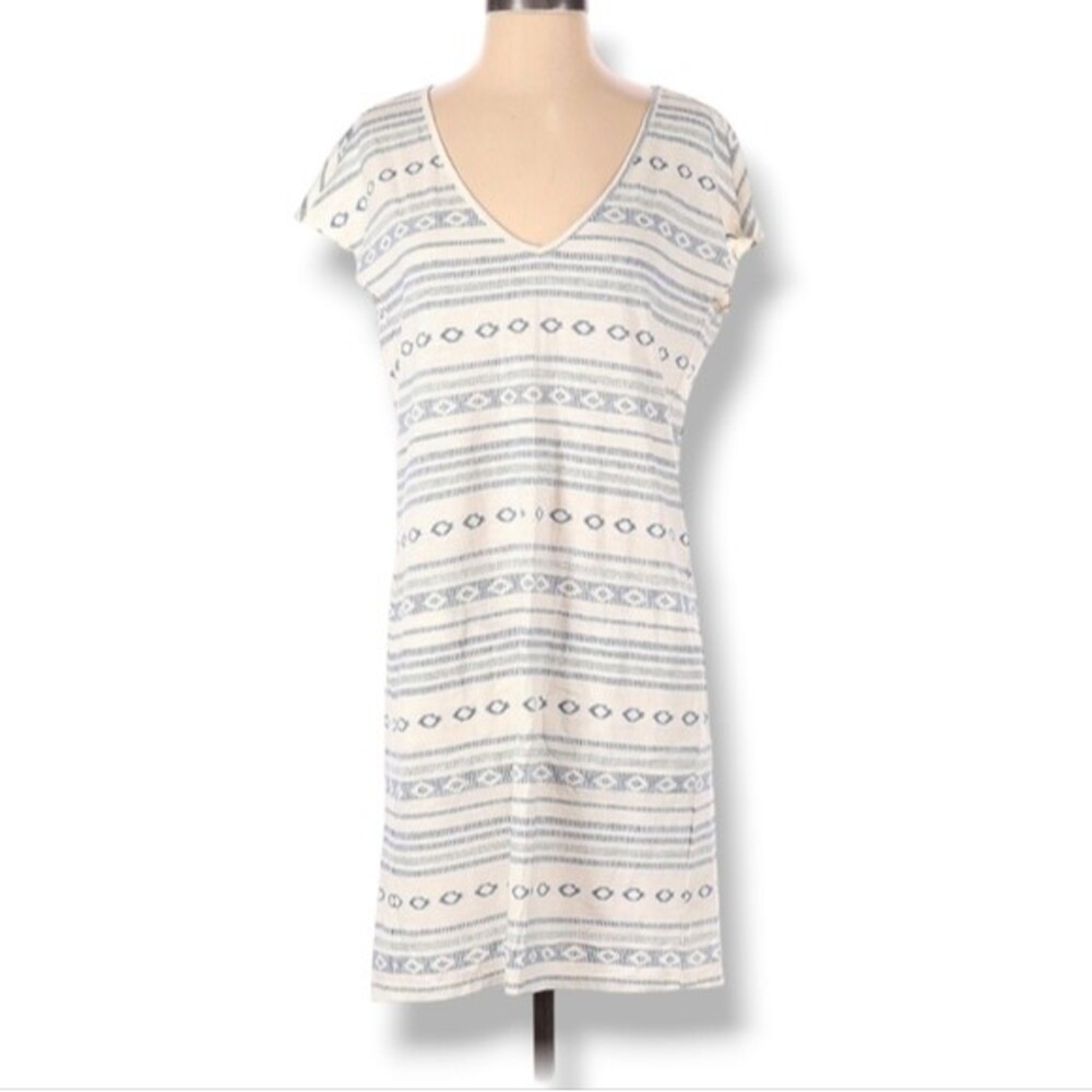 Lucky Brand Sheath Dress Size XS Ivory Blue Short Sleeve V-Neck Aztec Southwest‎